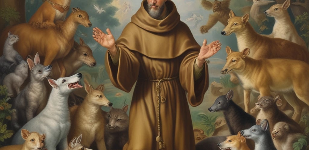 A stone statue with hands clasped in prayer stands amidst lush greenery, set against a backdrop of a tiled-roof building and pine trees.