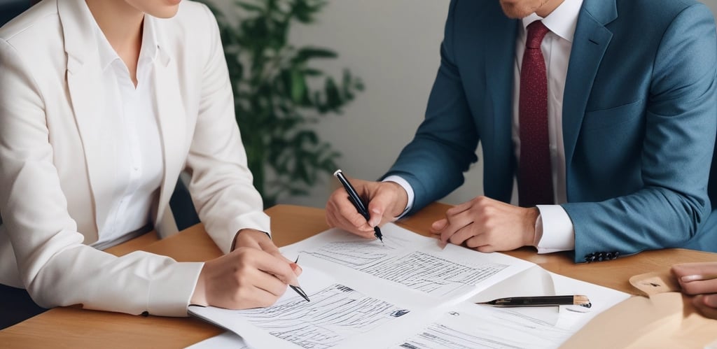 A professional consultation setting with a medical professional sitting at a desk facing a client. The room has a modern aesthetic with white walls decorated with framed certificates. The desk is organized with office supplies, a laptop, and a fruit bowl in the center.