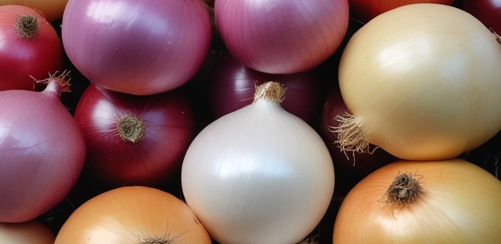 An assortment of onions is laid out on wooden planks, drying in the sun. The onions are in various stages of drying, with brownish husks and some green stems peeking out. The background is blurred, showing green foliage and creating a rustic farm atmosphere.