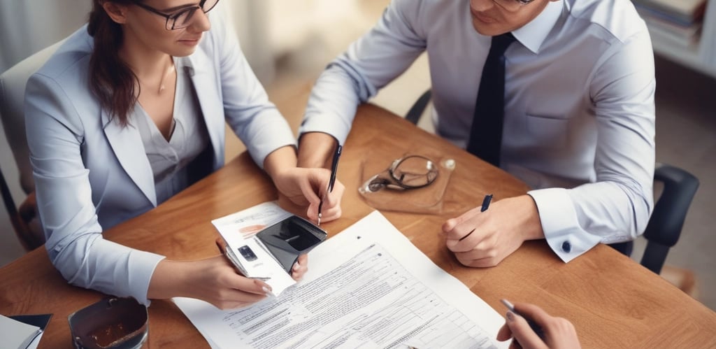 A professional consultation setting with a medical professional sitting at a desk facing a client. The room has a modern aesthetic with white walls decorated with framed certificates. The desk is organized with office supplies, a laptop, and a fruit bowl in the center.
