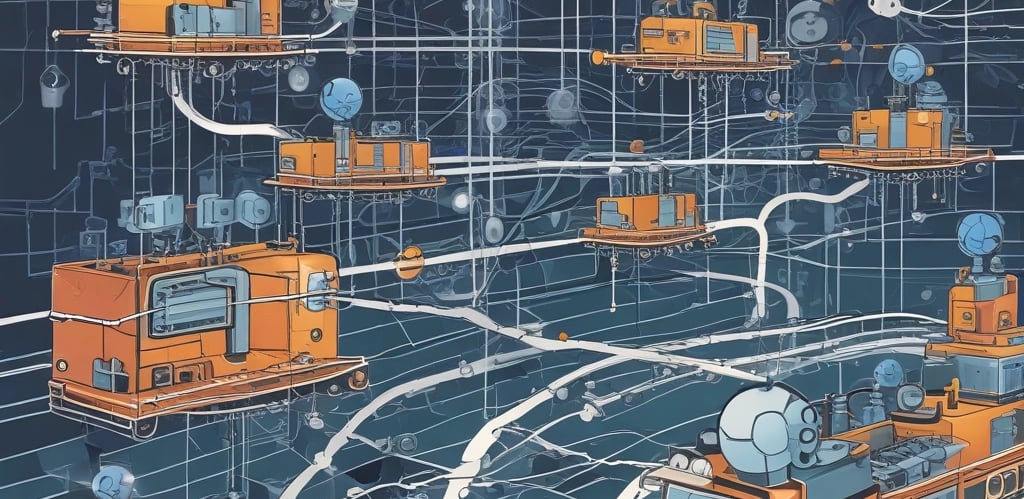 A high-tech server with multiple metal storage units connected through cables on a glossy blue surface, giving a futuristic impression.