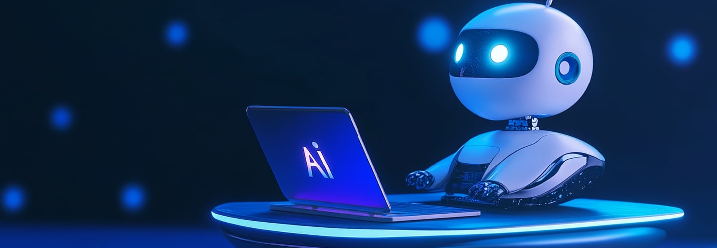 robot blanc utilisant un ordinateur avec inscription "AI"