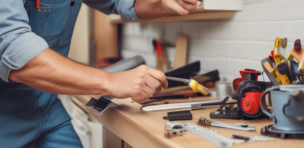 A man works in a small, cluttered repair shop filled with various tools, materials, and spare parts. Shoes and other items are scattered around, with a focus on repairs and craftsmanship. The setting is rustic and busy, indicating the shop's utility and frequent use.