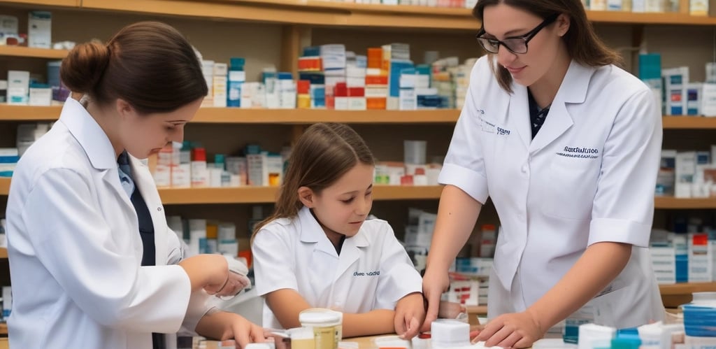 A team of pharmacists collaborating in a modern pharmacy setting.