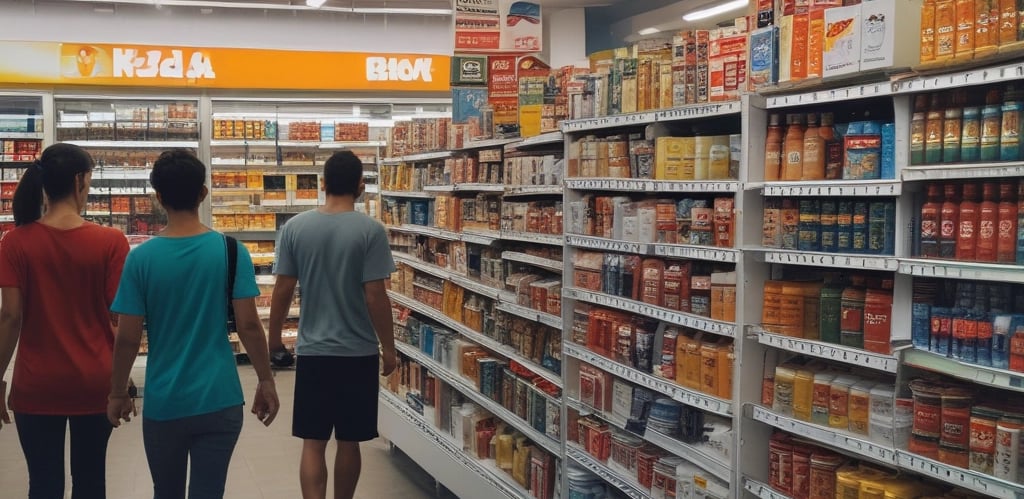 A small convenience store with shelves stocked with various products including canned goods, drinks, and snacks. The entrance is open with fluorescent lighting inside. Two people are interacting outside the store, and there is an ice cream freezer prominently displayed.