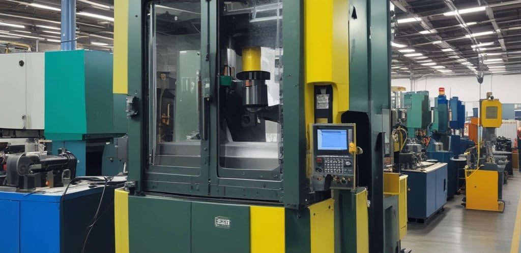 A modern plastic injection molding machine in a factory setting.