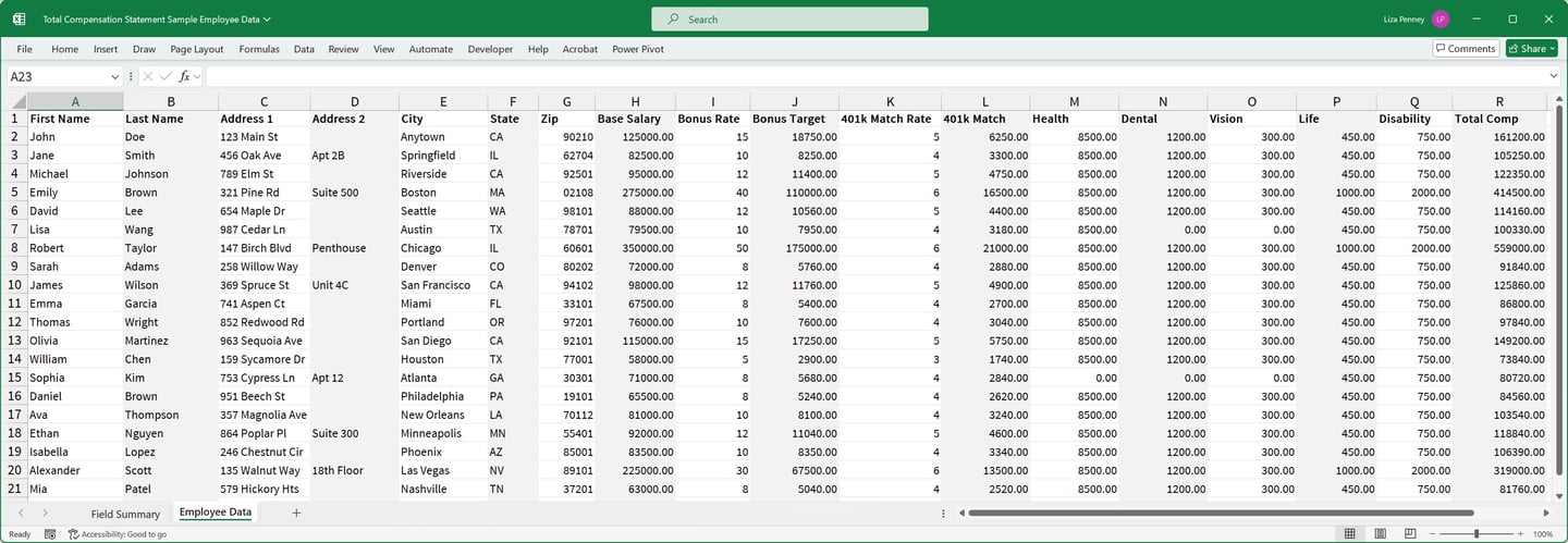mock employee data for total compensation statement mail merge
