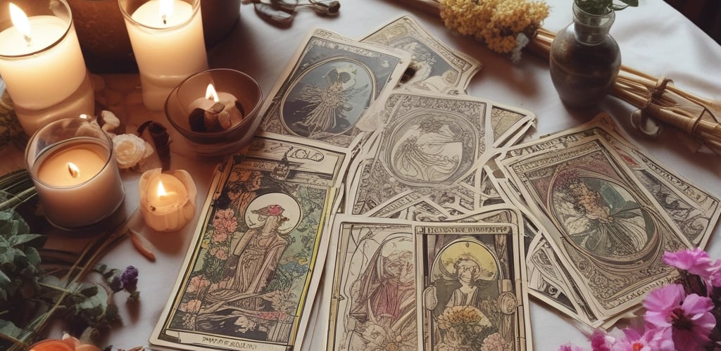 A collection of Tarot cards is scattered across a surface, displaying a variety of illustrations and symbolism. Some cards are upright, while others are upside down, featuring figures such as 'The Hanged Man,' 'The Sun,' 'The Fool,' and 'The Devil.' The cards are colorful and intricately designed, often depicting medieval or mythical scenes with characters, animals, and symbolic objects.