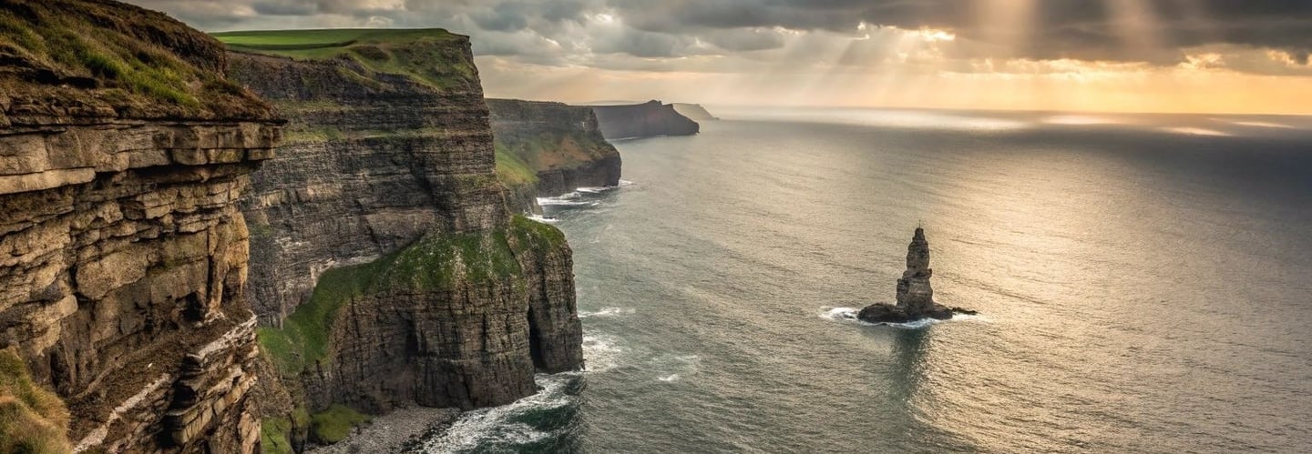 The majestic Cliffs of Moher in County Clare, Ireland, feature towering cliffs and panoramic views o