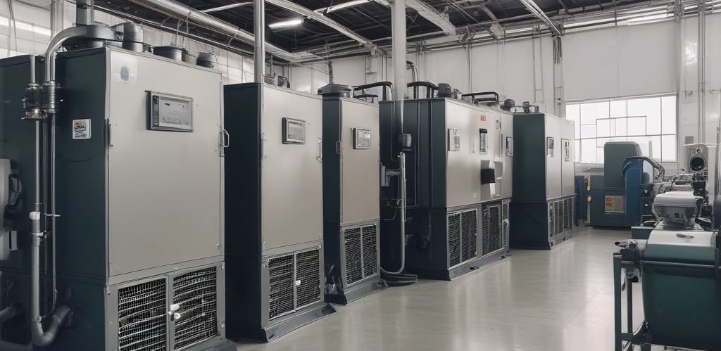 Technicians installing a large industrial HVAC system in a factory setting with visible pipes and control panels.