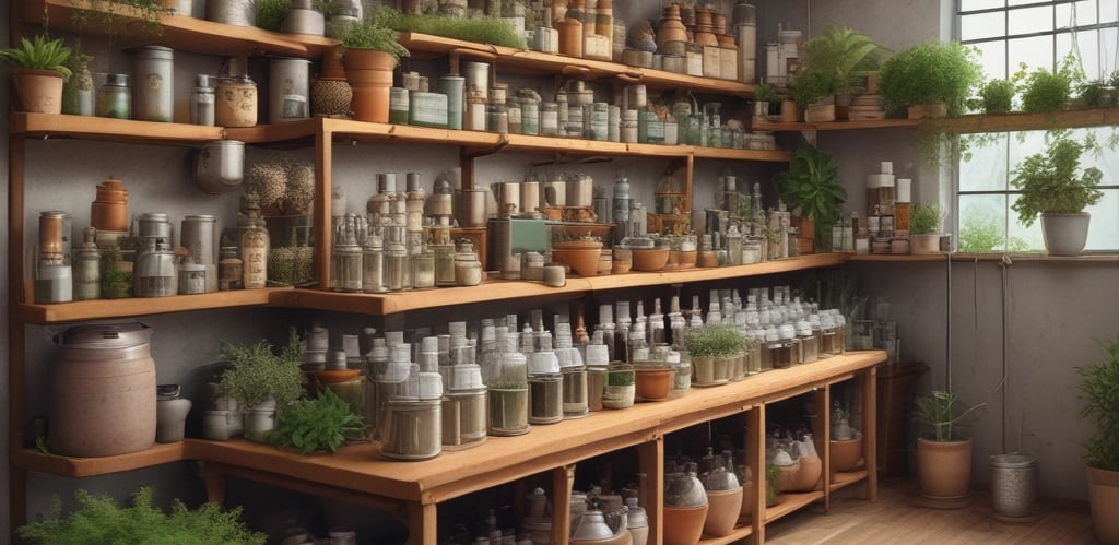 Close-up of amber essential oil bottles surrounded by fresh herbs and rose gold accents.