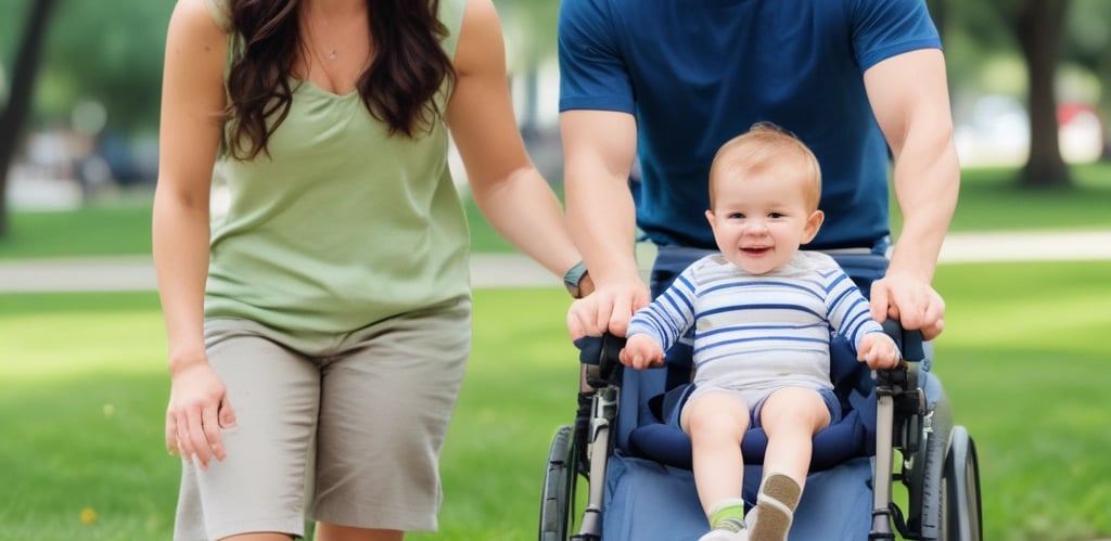 A caring parent helping their child with cerebral palsy use a mobility aid outdoors.