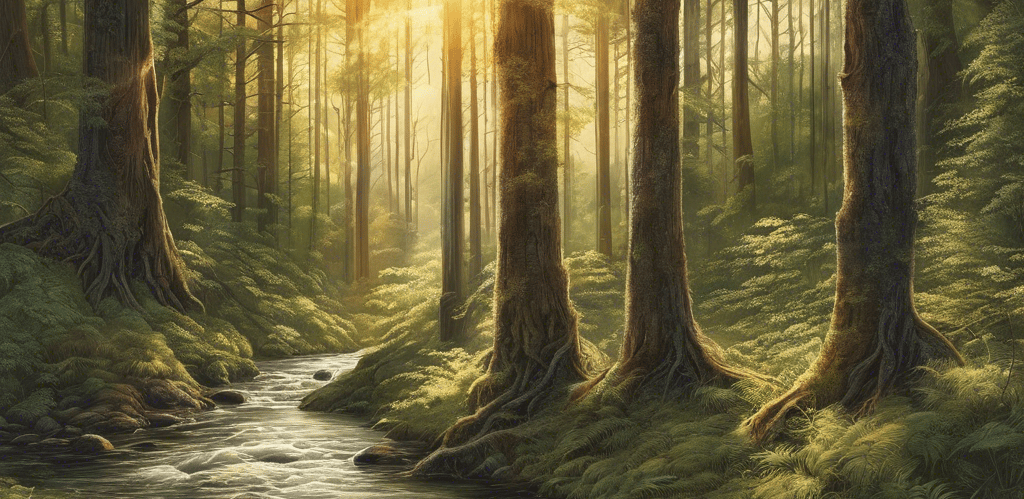 forest landscape with a river running through it 