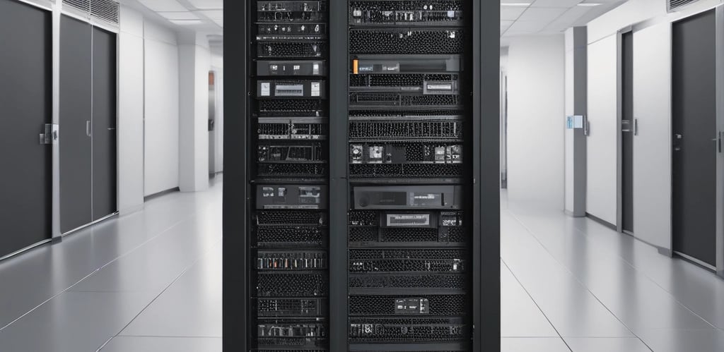 A digital rendering depicting a tall, metallic server rack positioned centrally on a platform. The server appears to have multiple blue-lit slots. Surrounding the rack, there are several stacks of cylindrical objects resembling databases or storage units, all set against a dark background.