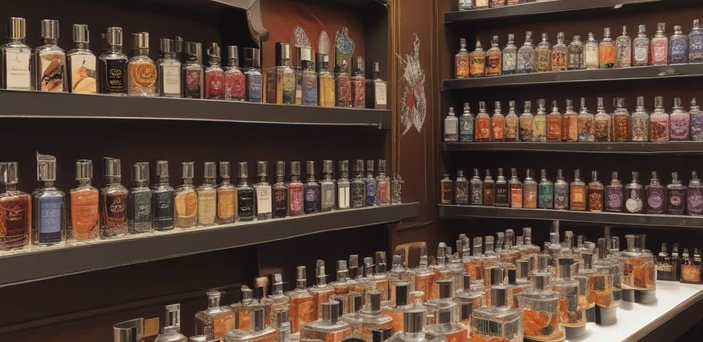An elegant display in a store features an array of beauty products, including body creams and lotions, set on a wooden table. The product packaging is in shades of pink and peach. A decorative vase with bamboo sticks and rose petals is placed among the products. Advertisements for a new limited edition line are visible, with a poster featuring a woman in a flowing dress. Shelves filled with various skincare products line the walls in the background.
