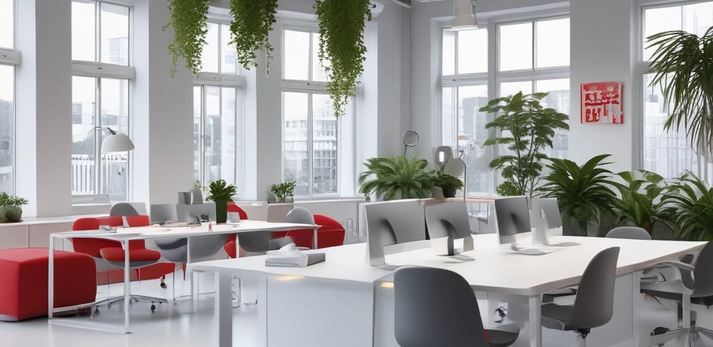 A modern office space with a collaborative team brainstorming marketing strategies.