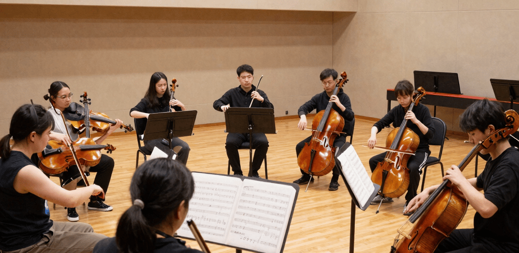 A cozy music classroom with students playing various instruments and a teacher guiding them warmly.