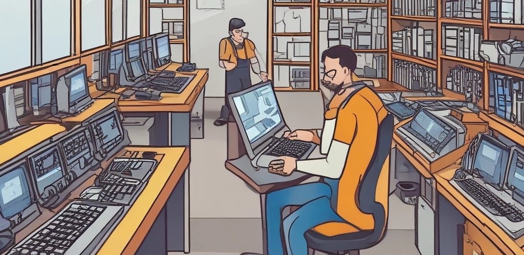 A busy electronics store with multiple counters and customers. Several advertisements and electronics brand logos, such as Canon and SanDisk, are visible on the walls. Customer service representatives in uniform are assisting customers. The setting is dimly lit, giving it an indoor market ambiance.