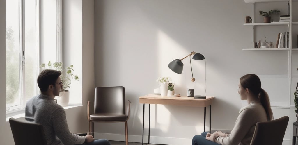 Three individuals are sitting around a table, deeply engaged in conversation. The central figure has a contemplative expression, while the other two, positioned on either side, appear supportive and attentive.
