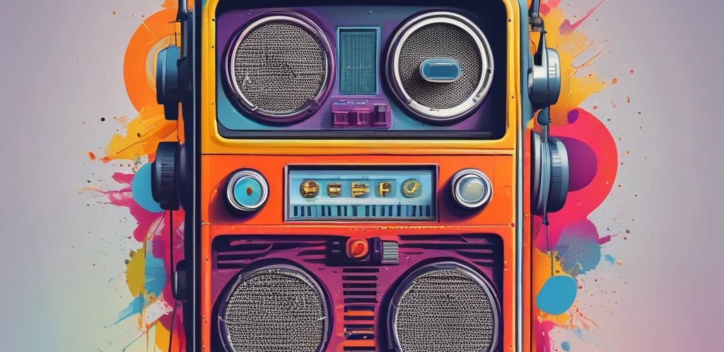 A warm, inviting radio studio with a professional audio setup and a glowing microphone.