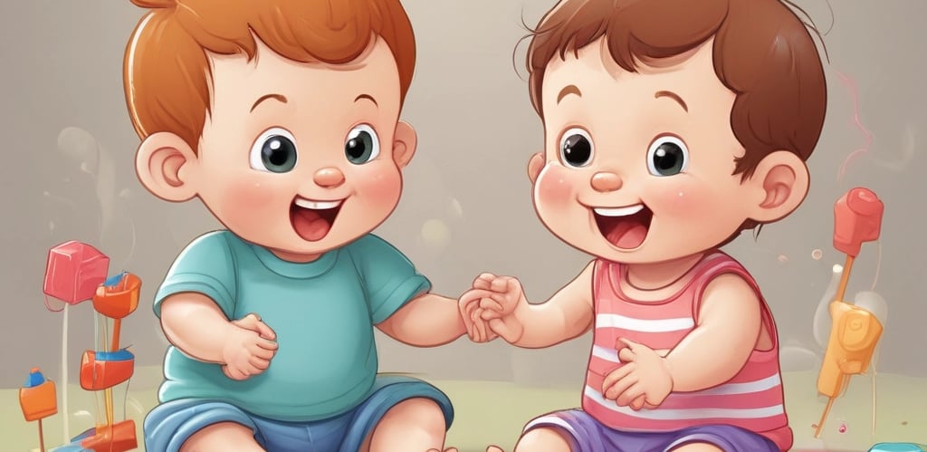 A young child is gently holding a toddler who is wearing a diaper and holding a small red toy. They are standing on a wood floor in a cozy living room with a gray couch and a patterned rug in the background. Sunlight filters through a nearby window, casting soft shadows.