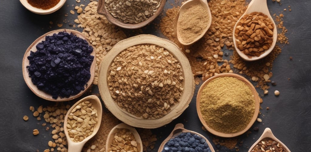 A decorative bowl contains coconut-covered chocolate energy balls. Beside the bowl, a spoon holds a small amount of brown protein powder scattered on a white marble surface. A container labeled 'Organic Rice Protein' with 'Nature Zen' branding stands in the background against a subtle white brick wall.