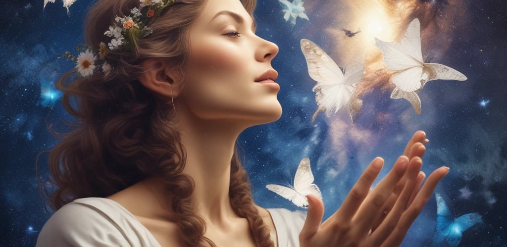 A spiritual altar is set up outdoors on a fluffy white surface with various crystals, a wooden board spelled 'ENERGIES' with wooden letters, tarot or oracle cards, a candle, and a bowl of pink Himalayan salt. Green foliage surrounds the setup, creating a serene and natural backdrop.