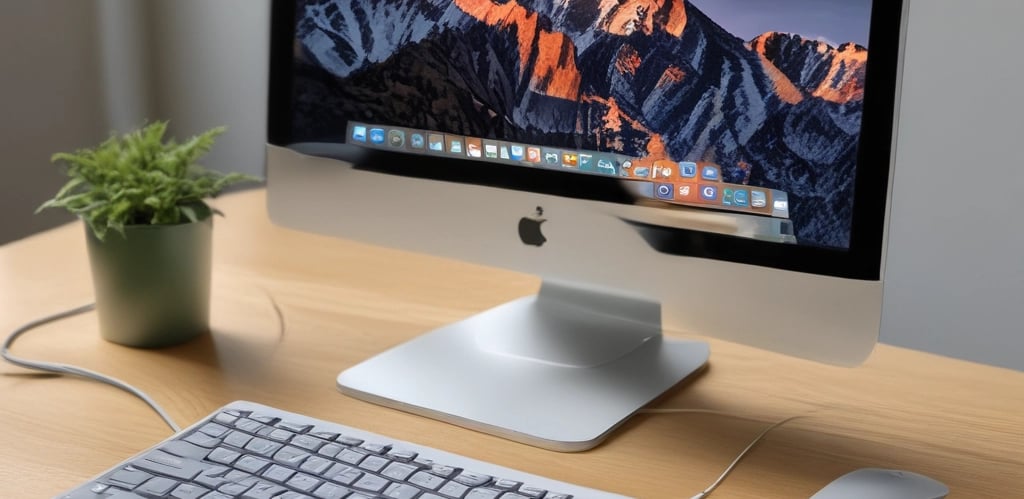 Apple iMac desktop computer with keyboard and mouse on a wooden office desk next to a potted plant.