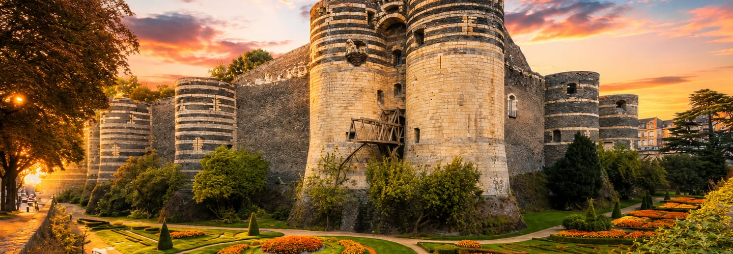 The historic Chateau d'Angers castle in France featuring striped towers and formal gardens at sunset.