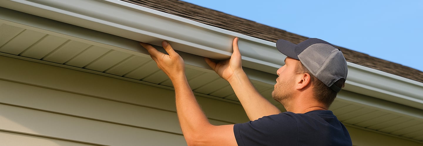 Professional installer fitting a seamless aluminum gutter on a beige house in Calgary, Everdrains gutter services
