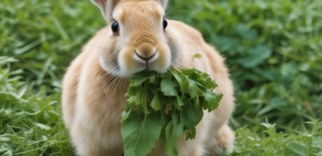 A black and white rabbit is eating a piece of leafy green vegetable, with a dish of similar greens in front. The rabbit is on a flat surface with a soft focus background.