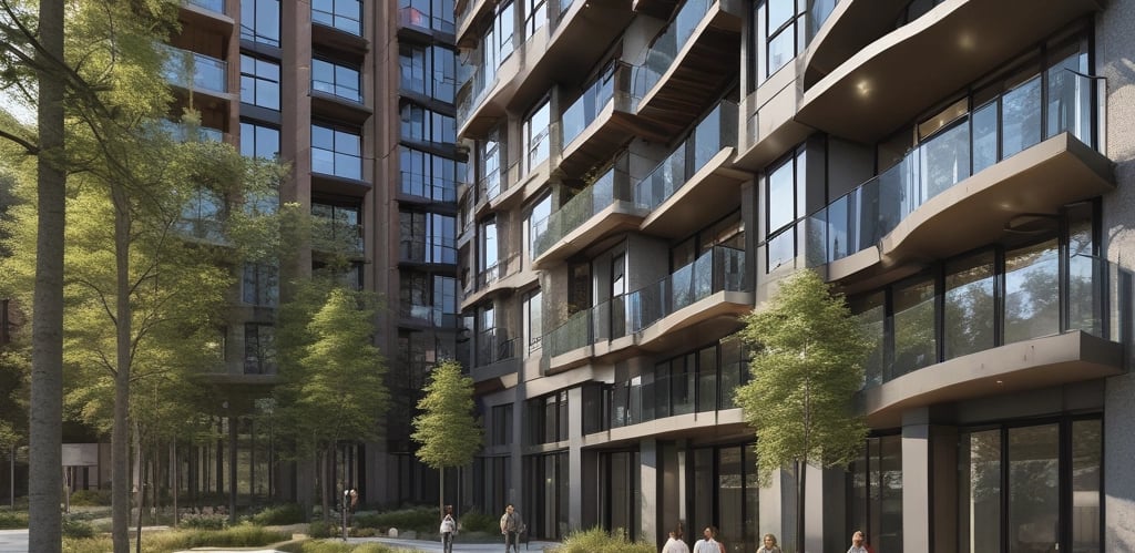 A spacious outdoor shopping area with elegant architecture and green landscaping. People stroll along a paved walkway flanked by trees and outdoor seating areas, with commercial buildings visible in the background.