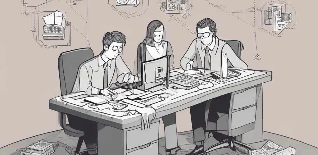 A group of professionals collaborating over a laptop in a modern office environment.