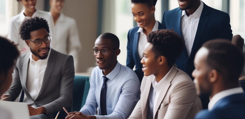 A diverse group of professionals engaged in a collaborative discussion around a table.