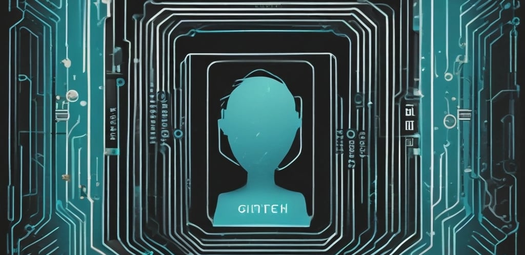 A stylized representation of a computer chip is integrated into a black and teal geometric background. The chip features a minimalist, futuristic face design along with the text 'CHAT GPT' in bold, glowing teal. The background consists of repeating black shapes outlined in teal, creating a high-tech, digital atmosphere.