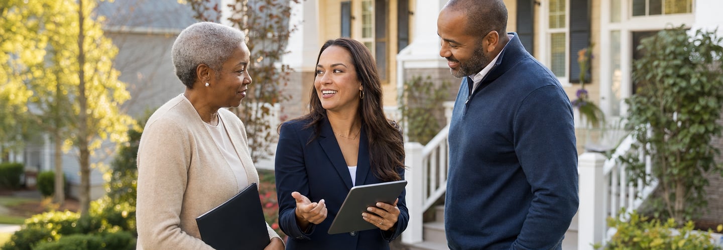 Three inclusive real estate professionals discussing a home together in a welcoming neighborhood.