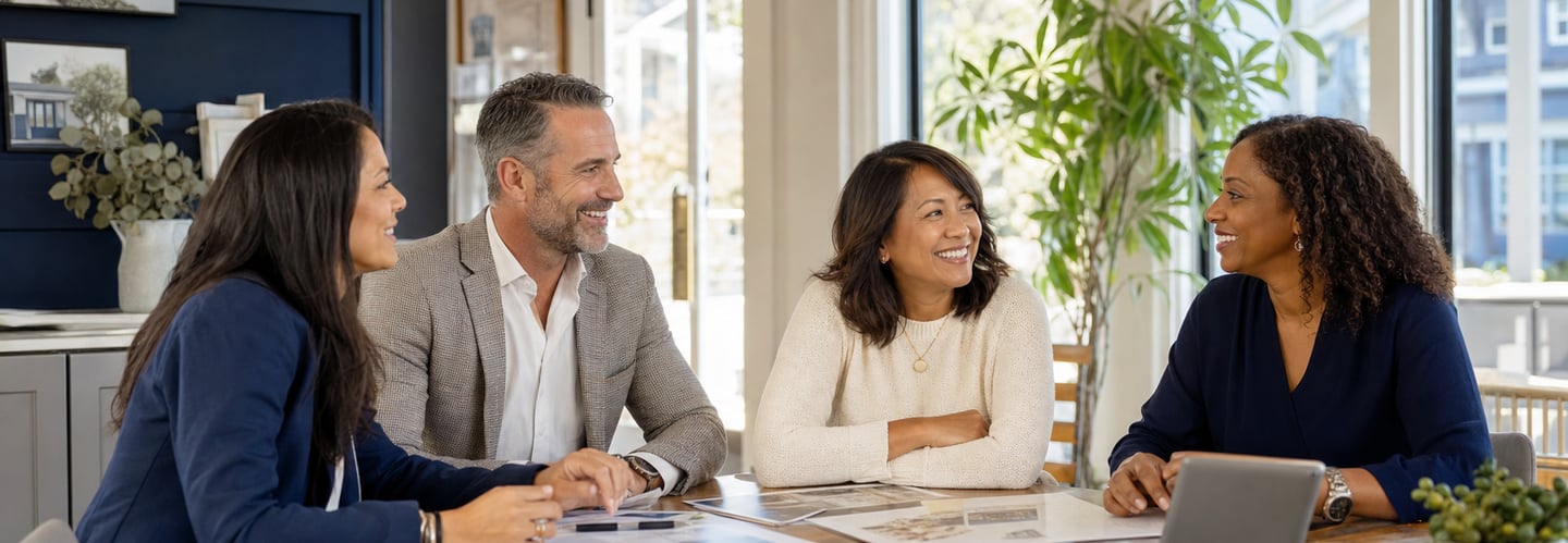 An inclusive group of real estate professionals collaborating in a bright neighborhood office.