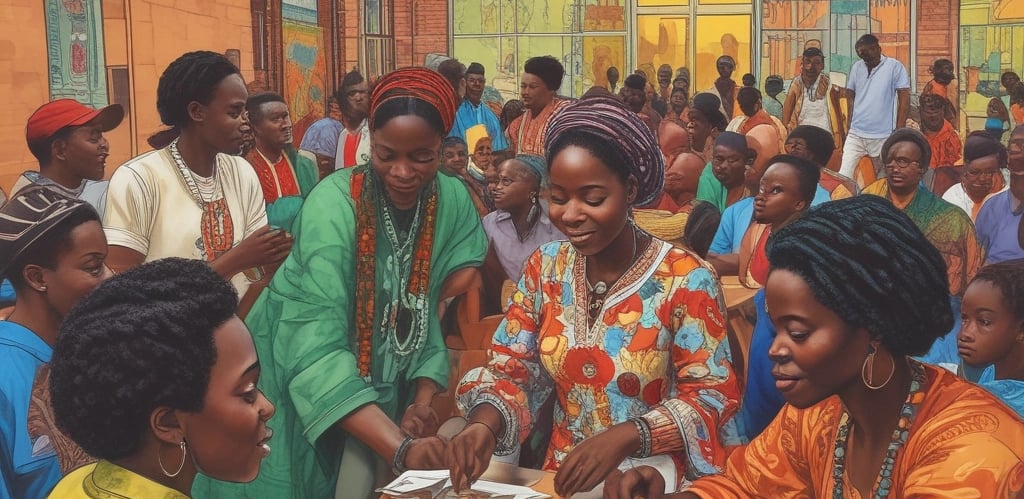 A framed poster with an artistic depiction of a coffee maker, featuring bold colors. The text reads 'COFFEE IS AN IMMIGRANT'. Below the poster, there are several coffee bags displayed on a shelf, each with a vibrant orange label.