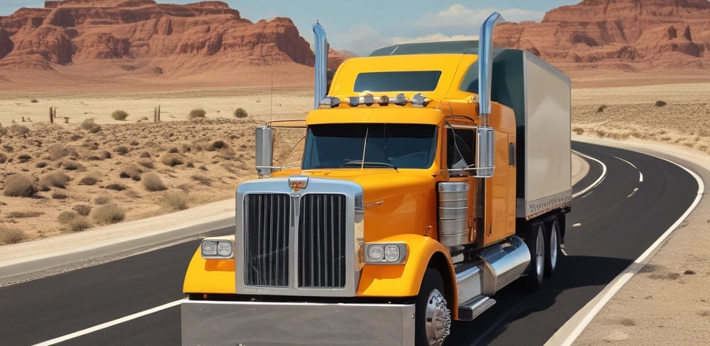 A large blue semi-truck with a trailer travels on a wet road. The trailer is carrying white, bagged cargo. The surroundings are vibrant with autumn foliage and the sky is overcast, giving a moody yet serene atmosphere with hints of sunshine breaking through.