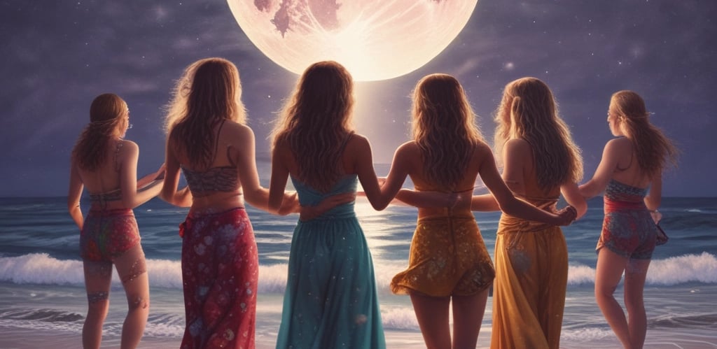 a group of women standing on a beach