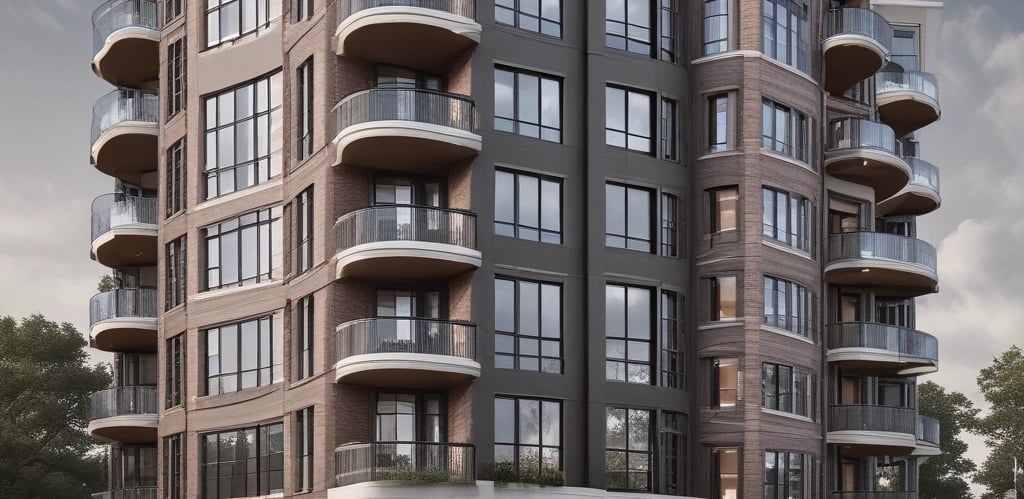 A commercial property featuring two buildings with metal roofs, situated in an industrial area. Several parked vehicles, including vans and cars, are seen near the buildings. The surroundings are well-maintained with greenery and clear weather with blue skies and clouds in the background.