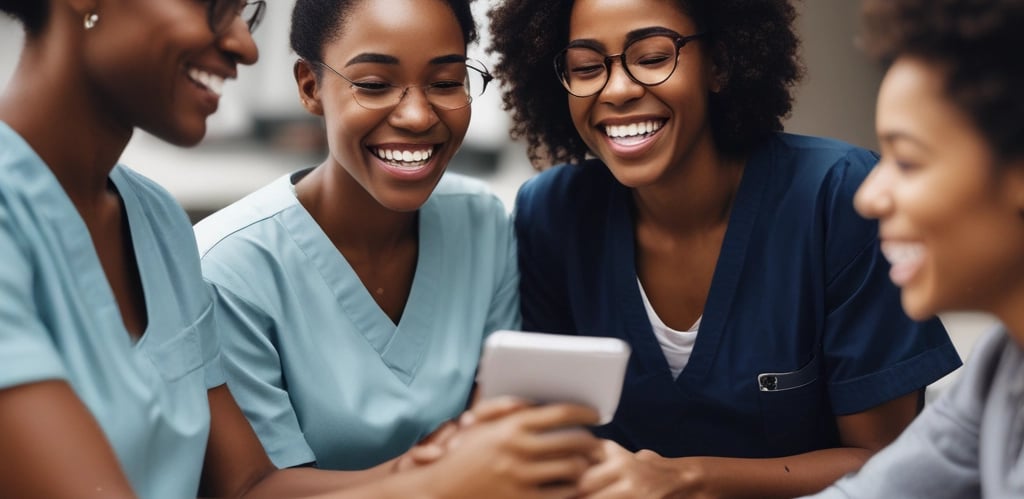 A classroom with five nurses in uniforms seated at desks, facing a blackboard where another nurse is writing. Anatomical charts and a skeleton model are visible, indicating a lesson on human anatomy.