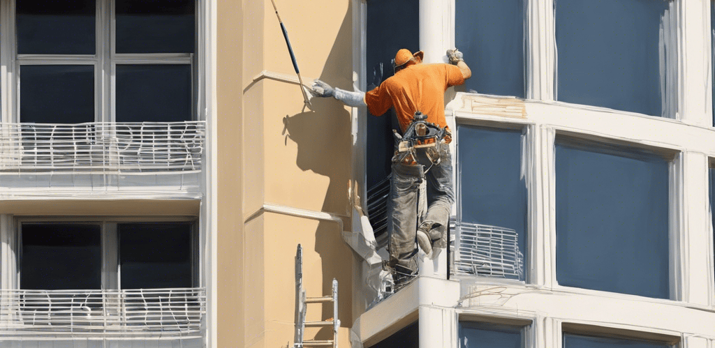 Professional painter working on exterior high-rise building painting project in Douglas, GA by Garnet Painting & Remodeling.