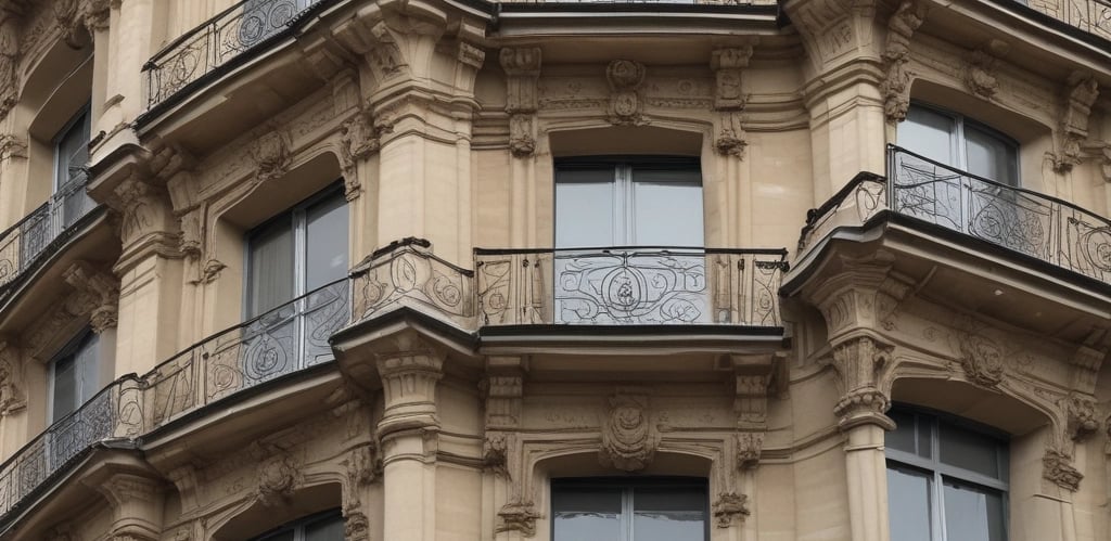 A large building with classic architectural features, including arched window frames and ornate detailing, is under renovation. Scaffolding is erected along the side, reaching up to the roof. The building has a muted, aged facade with multiple windows, some of which are open.