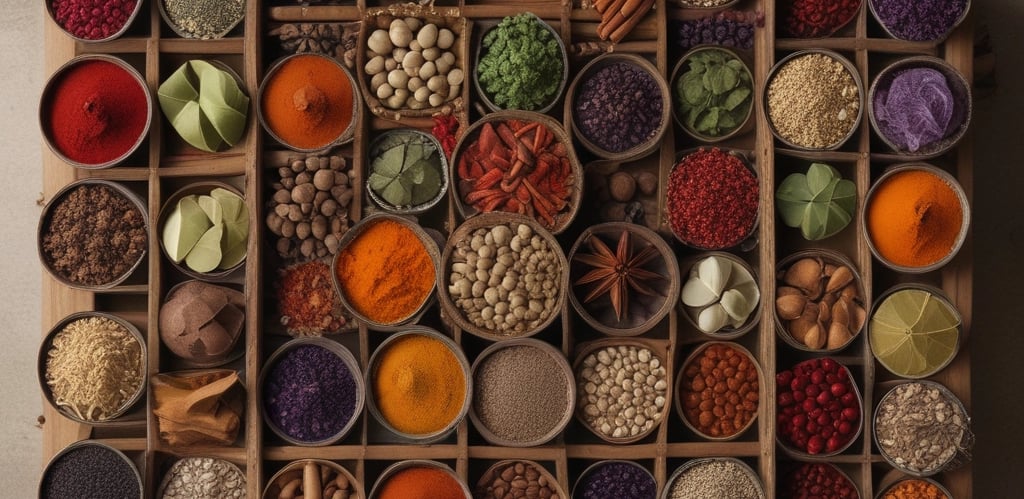 A rustic kitchen scene with fresh spices, homemade snacks, and a warm clay pot simmering on a stove.