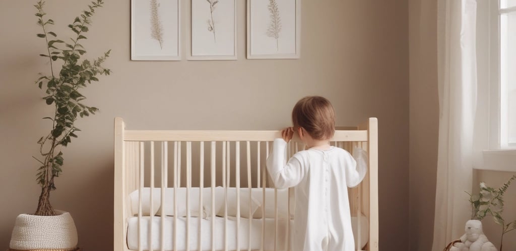 Boy standing over baby cot