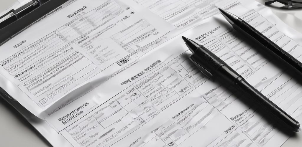 A neatly arranged setup featuring tax documents on top of a light-colored folder. An envelope and a sticky note are placed on the left side. A black pen is positioned near the paperwork. A coffee cup sits above the documents, suggesting a moment of work or review.