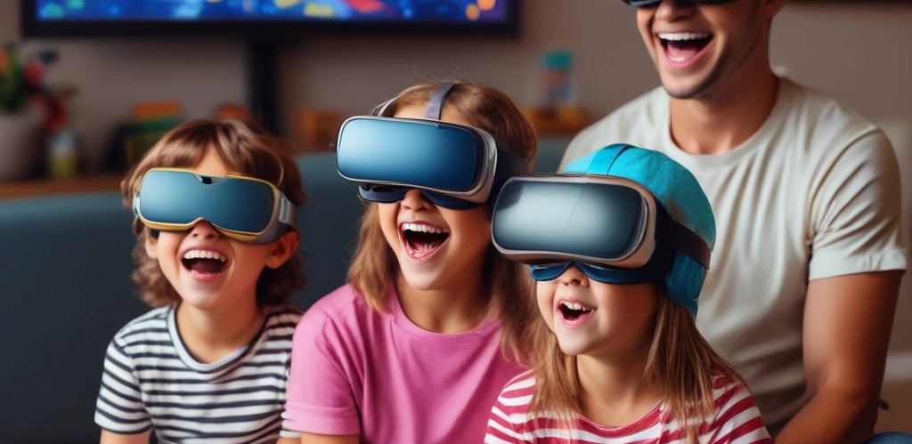 A vibrant virtual reality gaming arena with people enjoying various games.