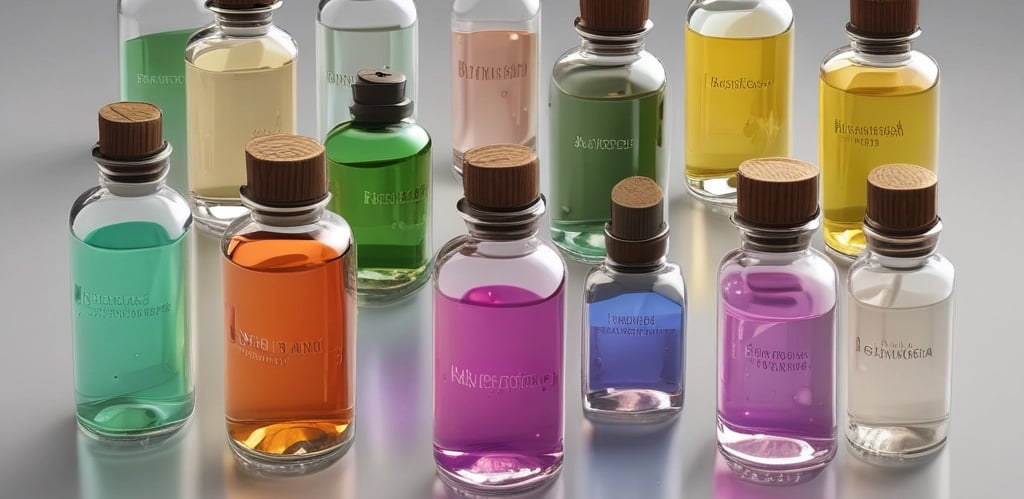 Multiple bottles of fragrance oil are neatly arranged on wooden shelves. The bottles vary in size and have labels with text both in English and another language. The lighting is warm, highlighting the sleek, dark-colored containers.