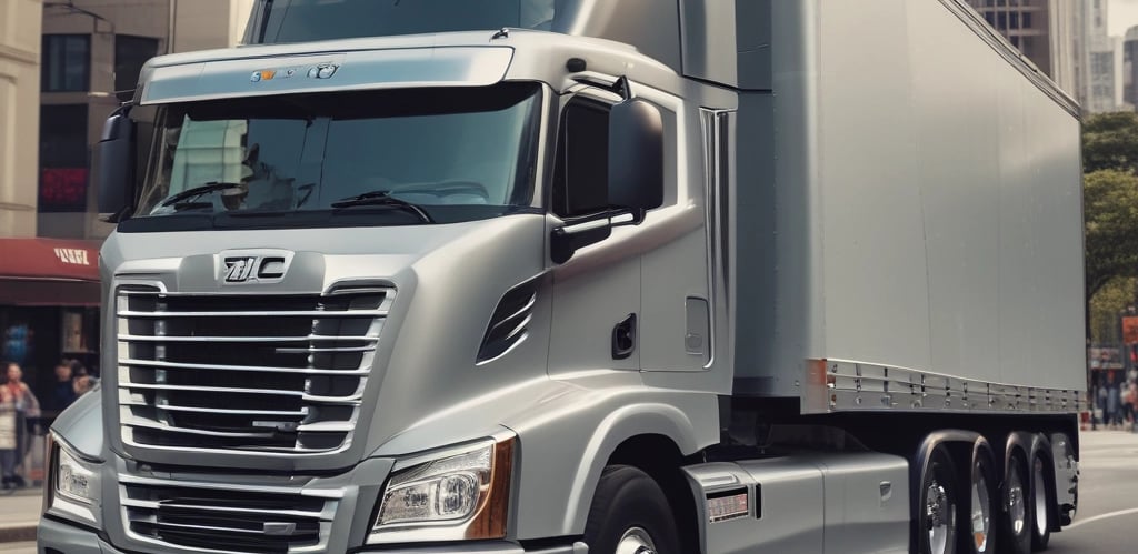 A large truck with a shipping container body parked in a shady area, surrounded by tall trees. The truck's cabin is metallic with a grille on the window, and the container has branding and signage on the side.